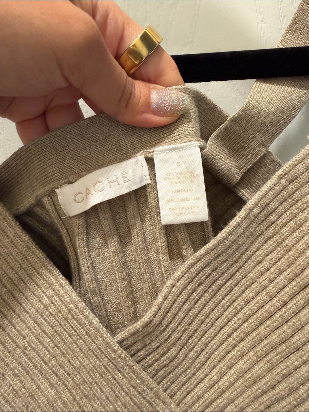 Cache Ribbed Crossover Camisole in Beige - Picture 2 of 3